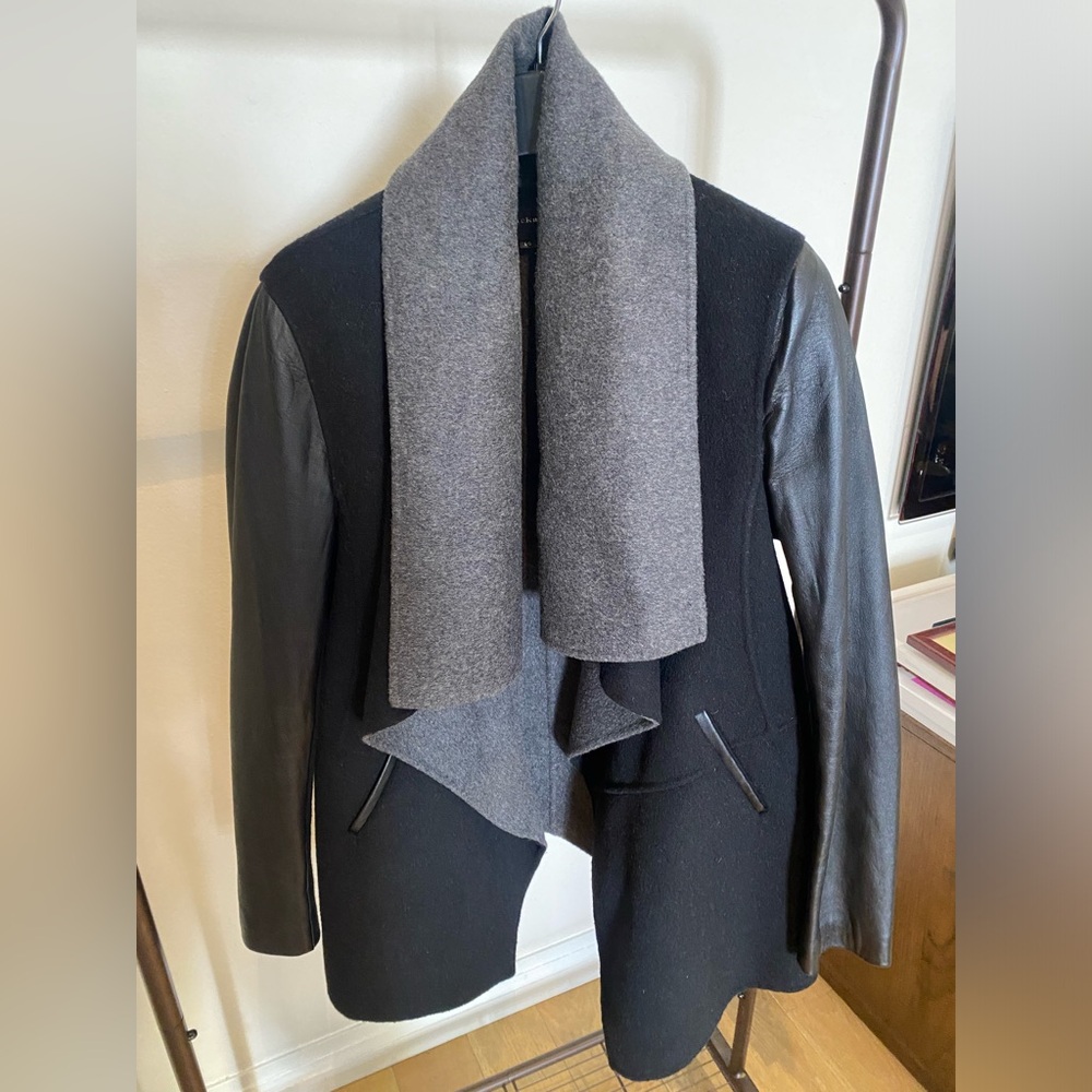 MACKAGE Vane Wool Coat with Leather Sleeves In Black.